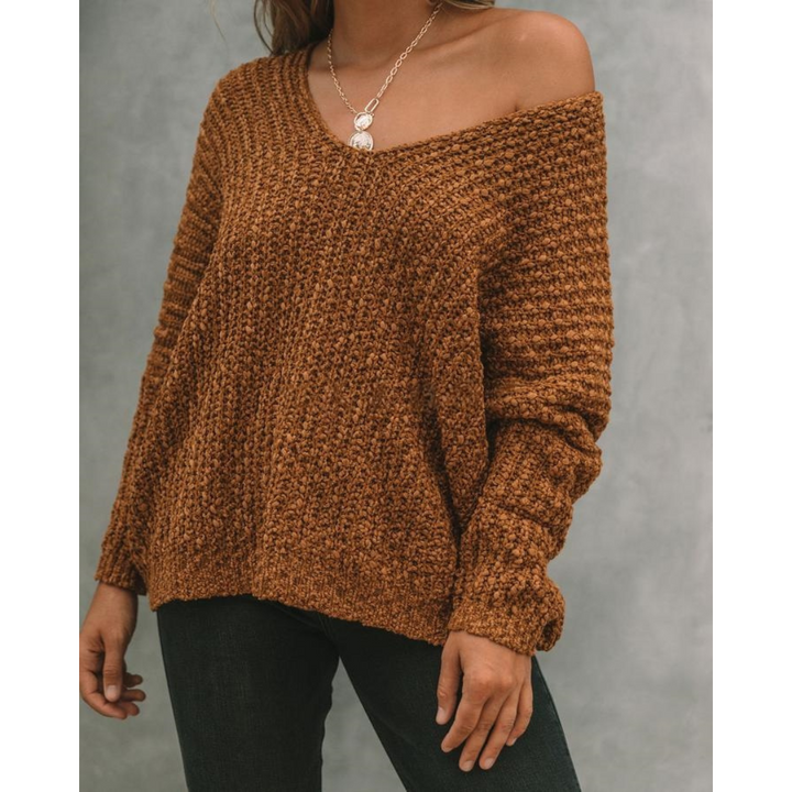 Lightweight knit sweater, brown, wide off-shoulder neckline and long sleeves