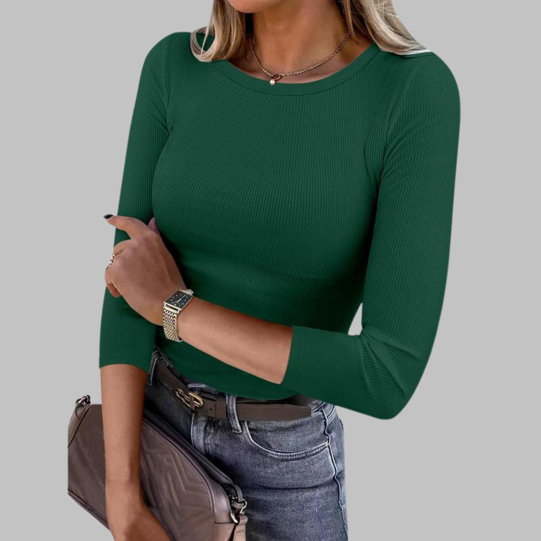 Green crewneck slim-fit top with long sleeves and ribbed knit texture