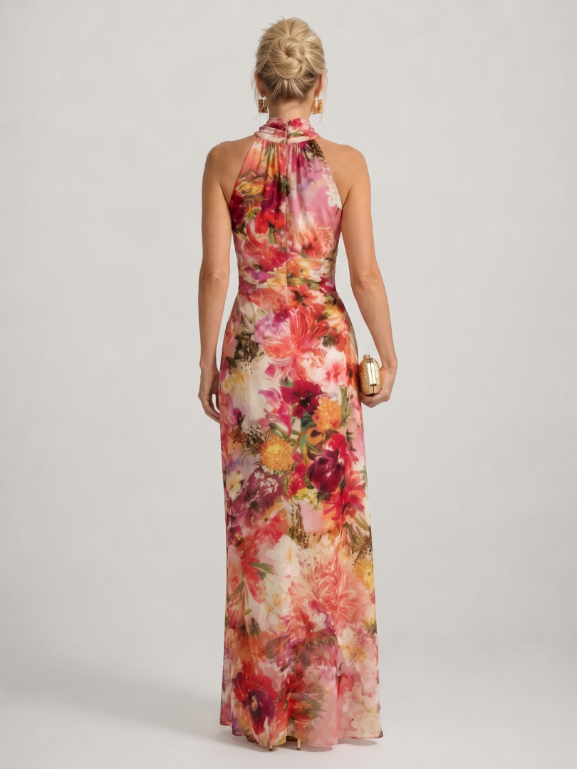 Back view of floral maxi dress with halter neck and open, sleeveless back