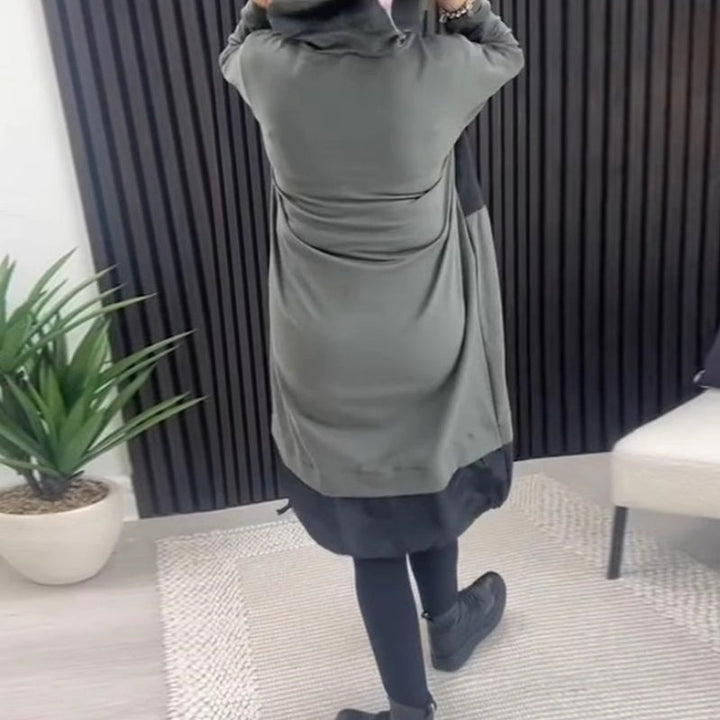 Gray hooded tunic dress with long sleeves, drawstring hood, relaxed draped hem