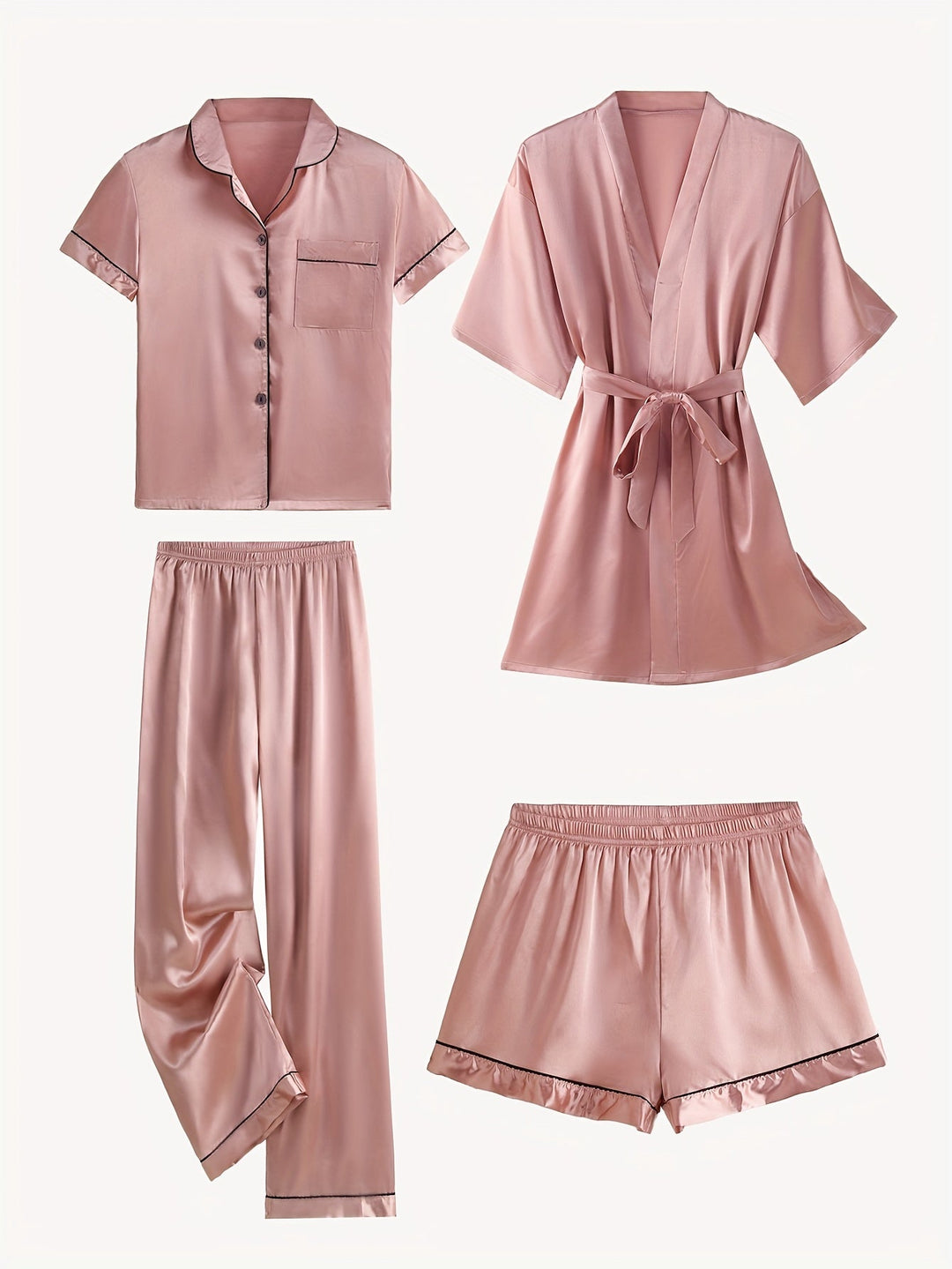 Blush pink satin pajama set with mid-sleeve button top, belt-tied robe, and elastic pants