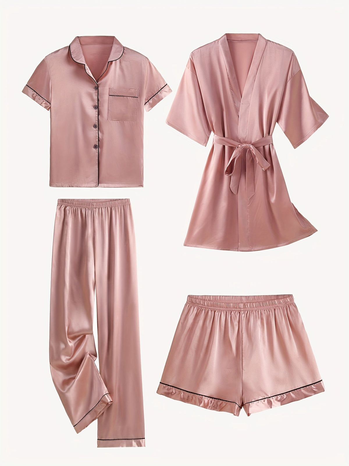 Blush pink satin pajama set with mid-sleeve button top, belt-tied robe, and elastic pants