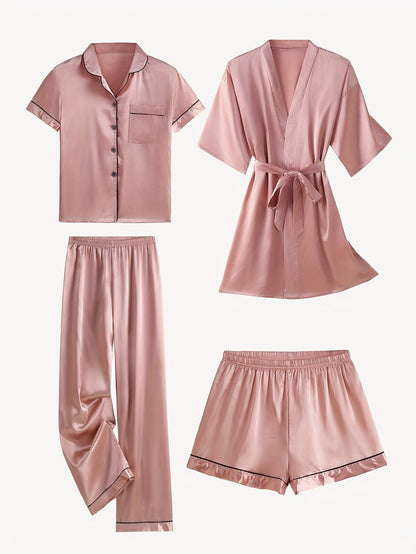Blush pink satin pajama set with mid-sleeve button top, belt-tied robe, and elastic pants