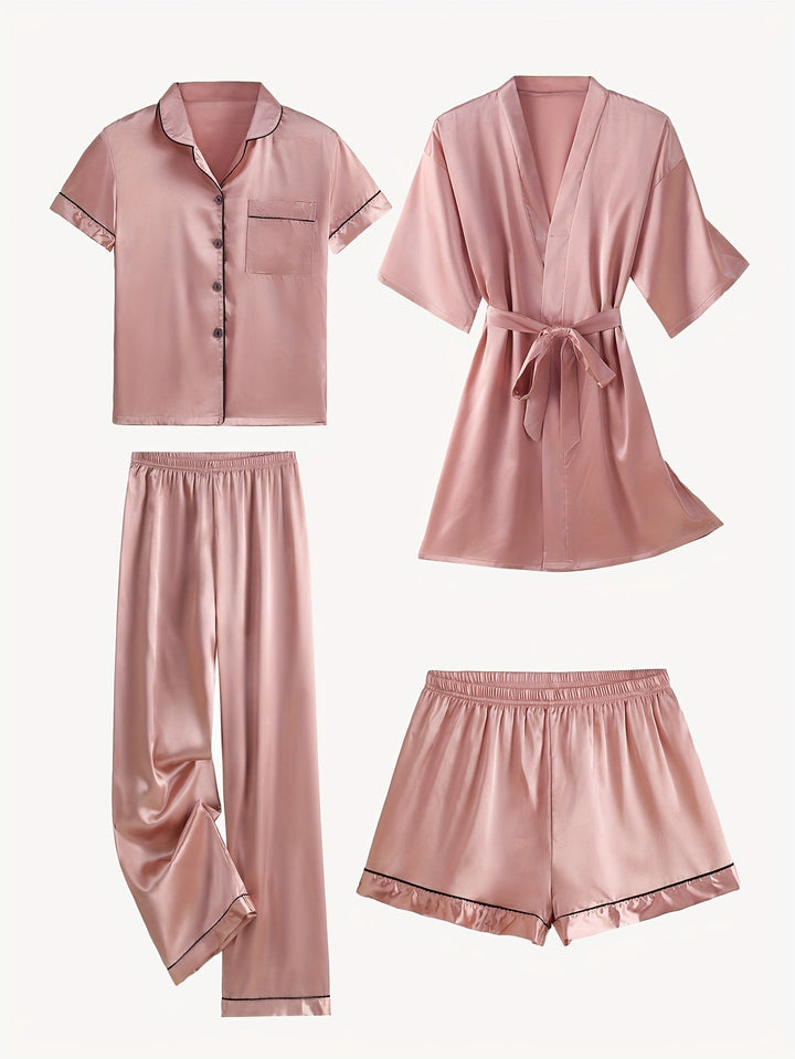 Blush pink satin pajama set with mid-sleeve button top, belt-tied robe, and elastic pants