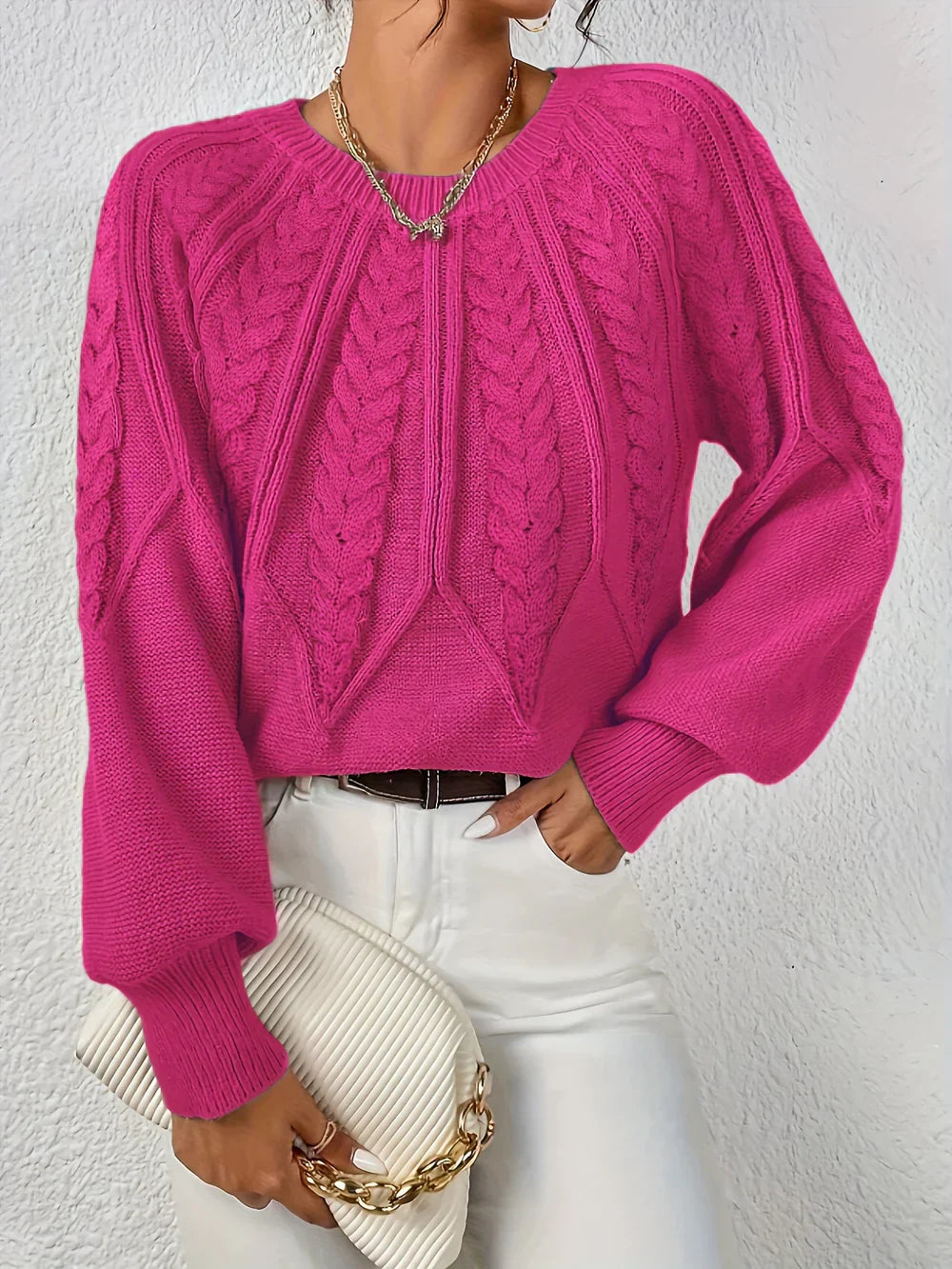 Classic comfort sweater in pink with cable knit texture, crew neck, long sleeves
