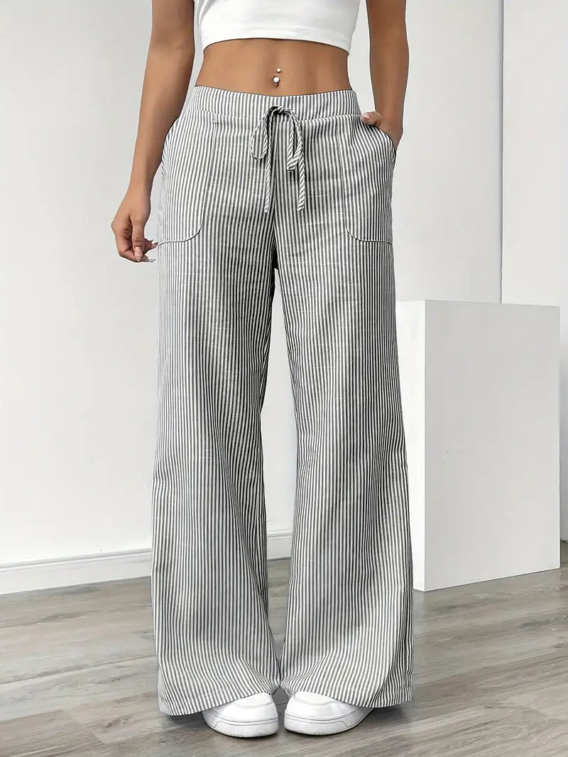 Grey striped wide-leg pants with drawstring elastic waist and side pockets