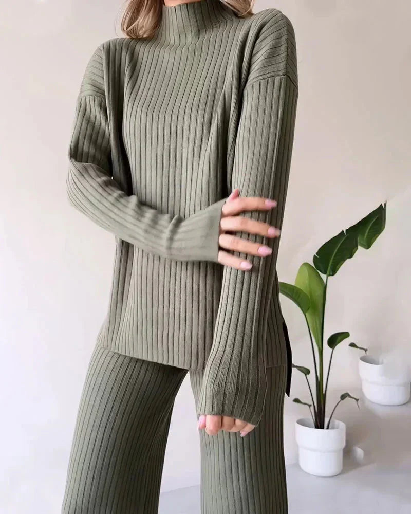 Olive green ribbed knit sweater and pants set, high neck, vertical rib texture
