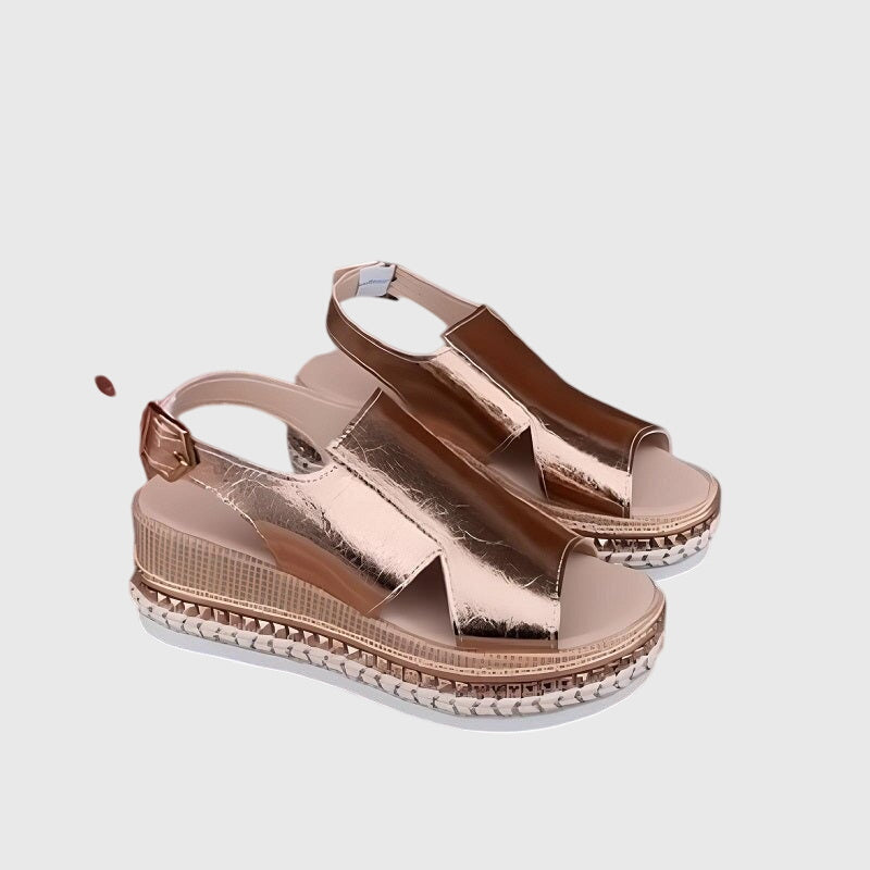 Rose-gold metallic orthopedic sandals with dual straps and platform espadrille sole