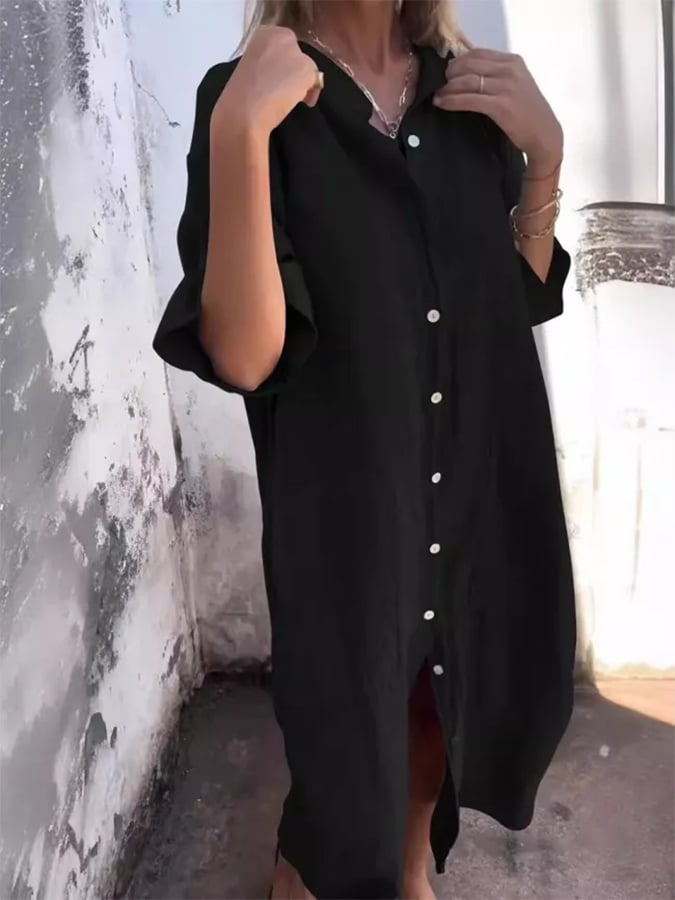 Button-front midi dress, black with short sleeves and long side slit
