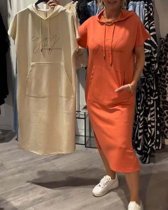 Long hooded dresses, beige and orange, short sleeves and drawstring hood