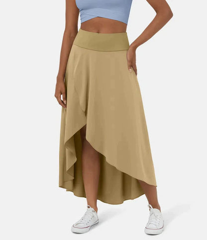 AMELIE asymmetric midi skirt in light olive with high waist and layered high-low hem
