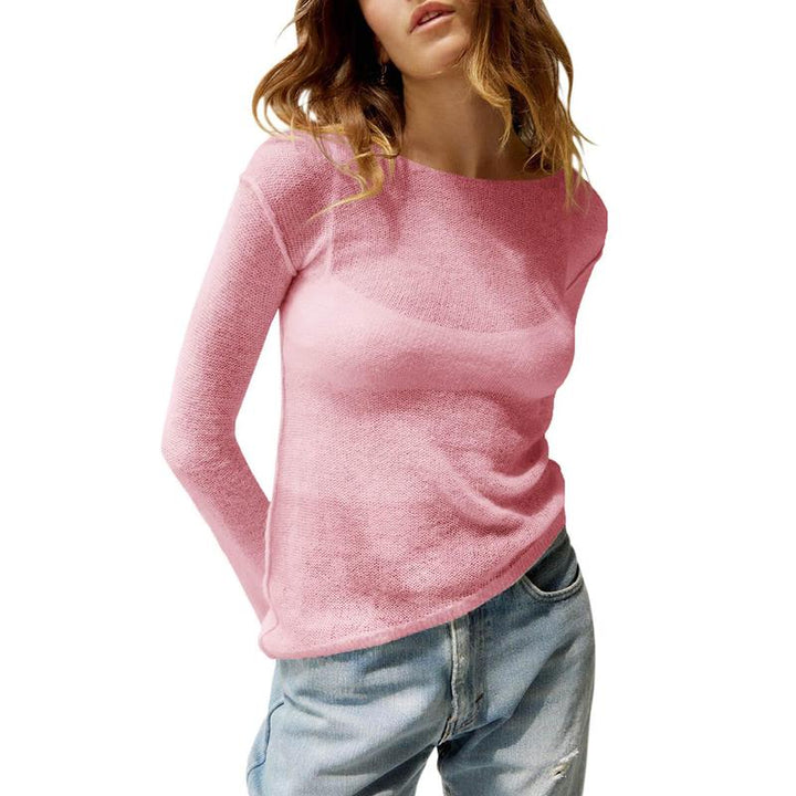 Pink sheer long-sleeve top with wide neckline and relaxed fit