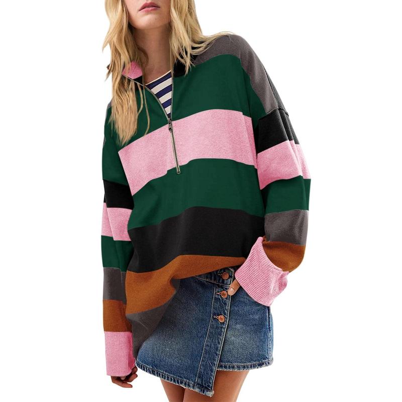 Oversized turtleneck sweater with multicolor striped half-zip