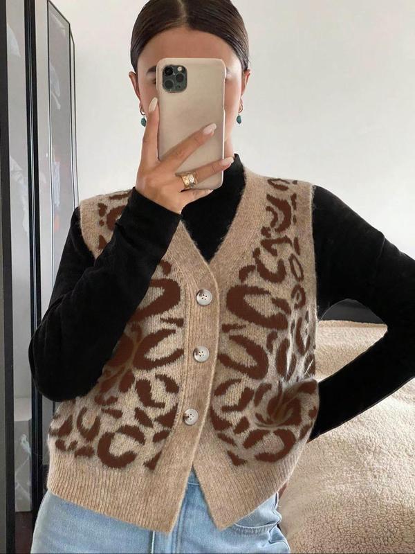JADE™ leopard print sweater vest, coffee-brown with dark spots and button front