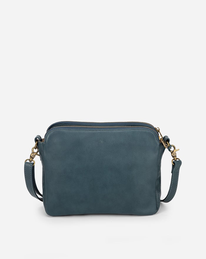 Jovie sleek three-layer crossbody bag in dark teal with gold-tone zippers and handles