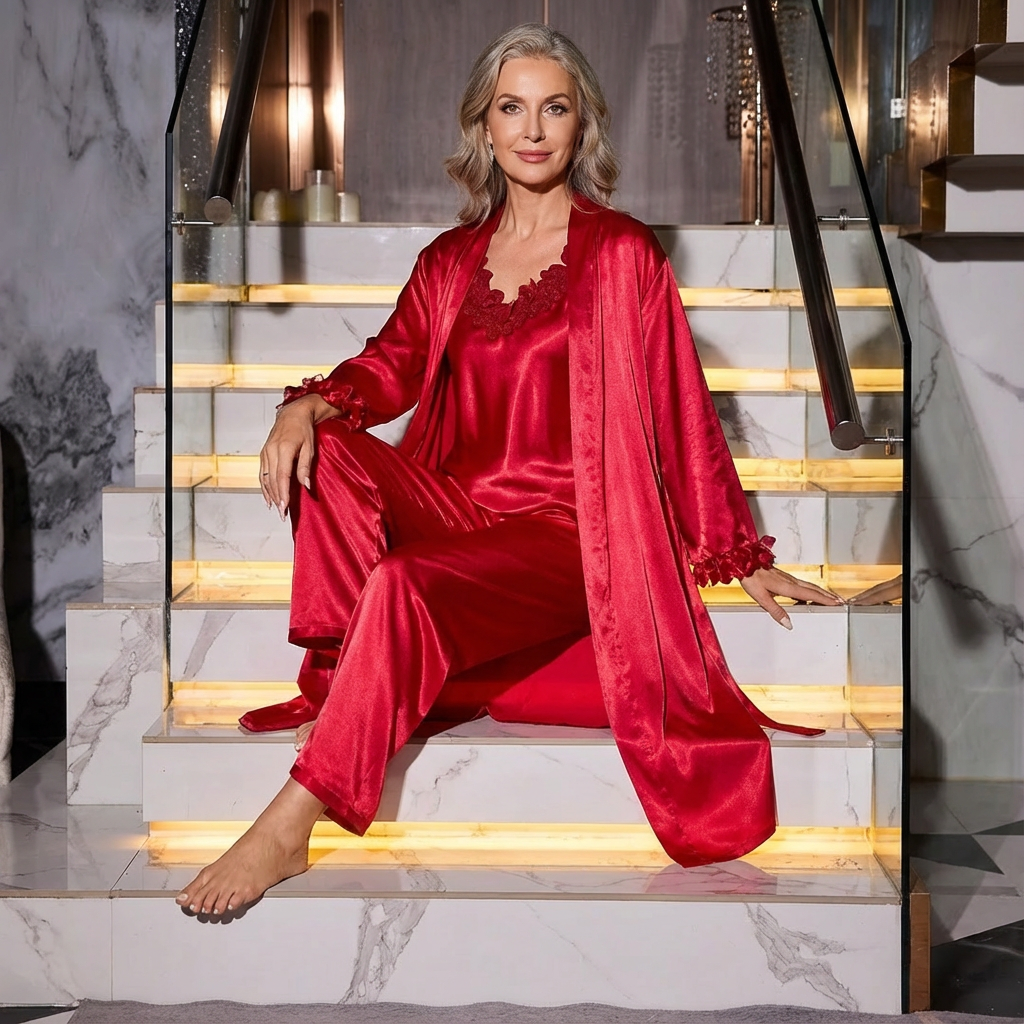 Red satin sleepwear set with lace neckline camisole, wide pants, and long robe