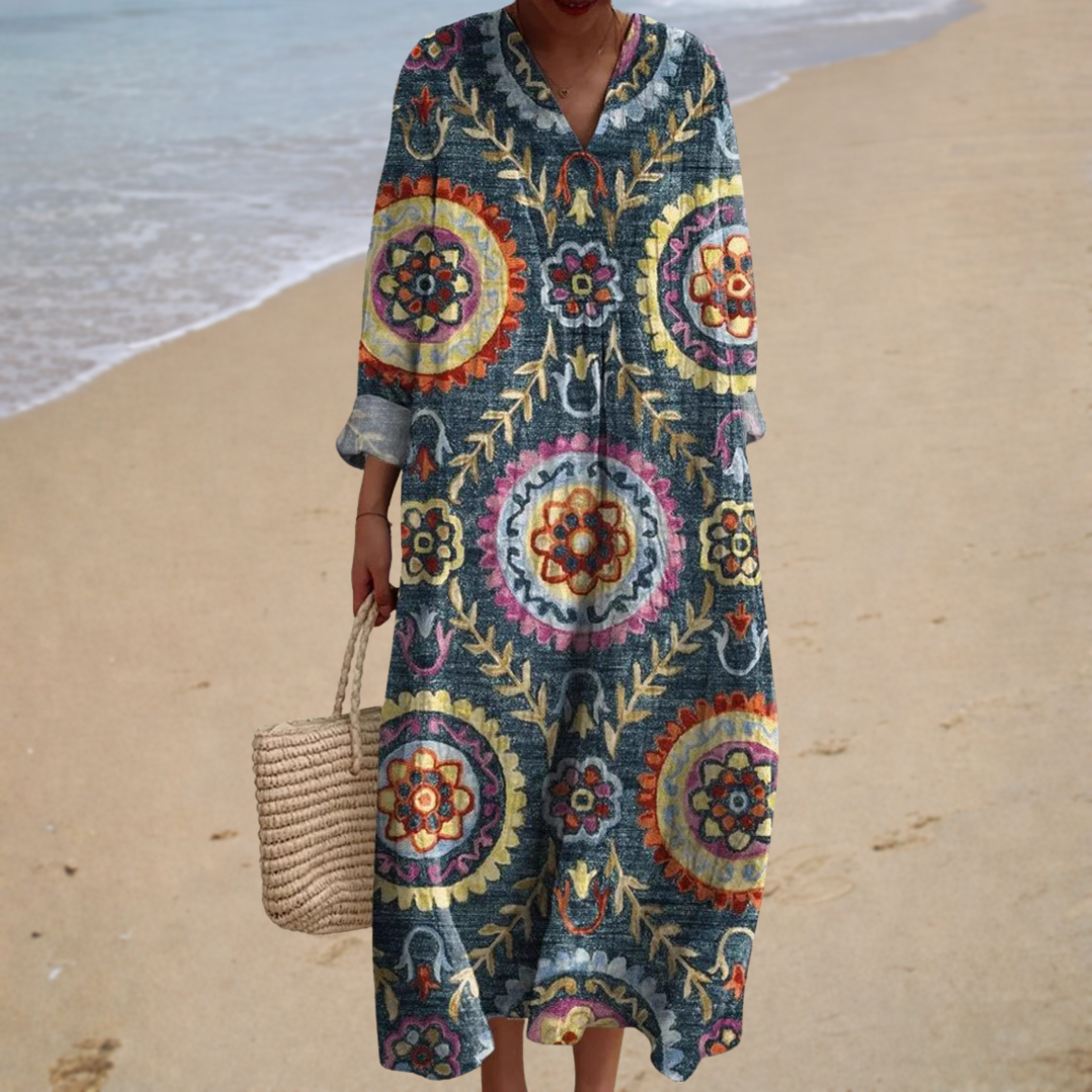 Floral printed summer dress with V-neck, long sleeves, multicolor circular motifs