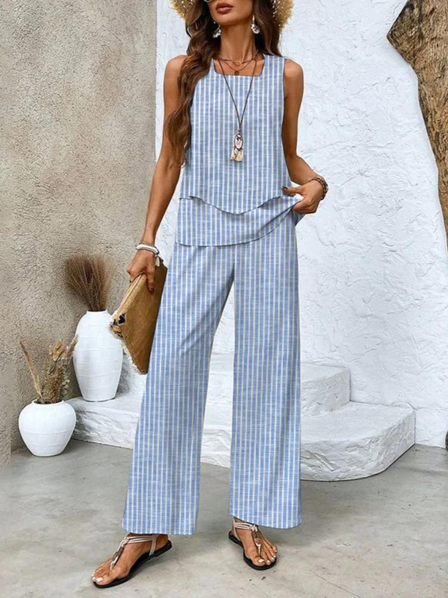 Blue striped sleeveless blouse and wide-leg striped trousers, two-piece set
