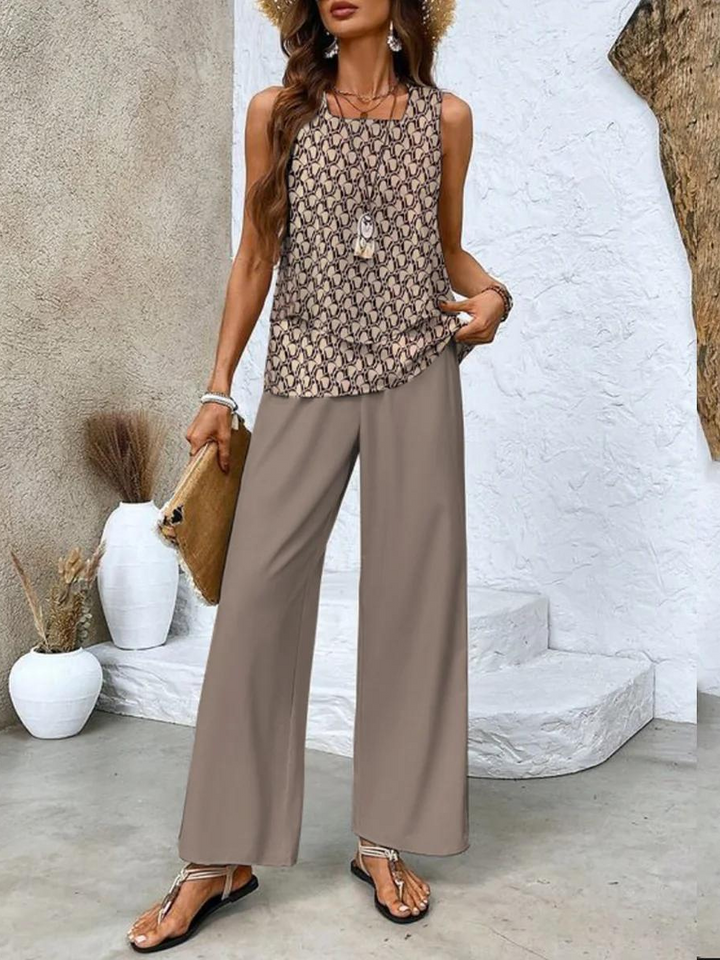 Beige sleeveless chain-print blouse and taupe wide-leg trousers, two-piece set