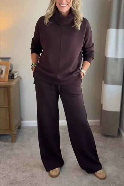 Dark hooded sweatshirt top and wide-leg pants coordinated set