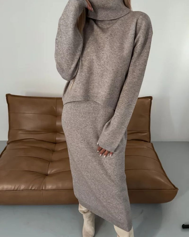 Grey knit midi dress with high turtleneck and long sleeves, back view