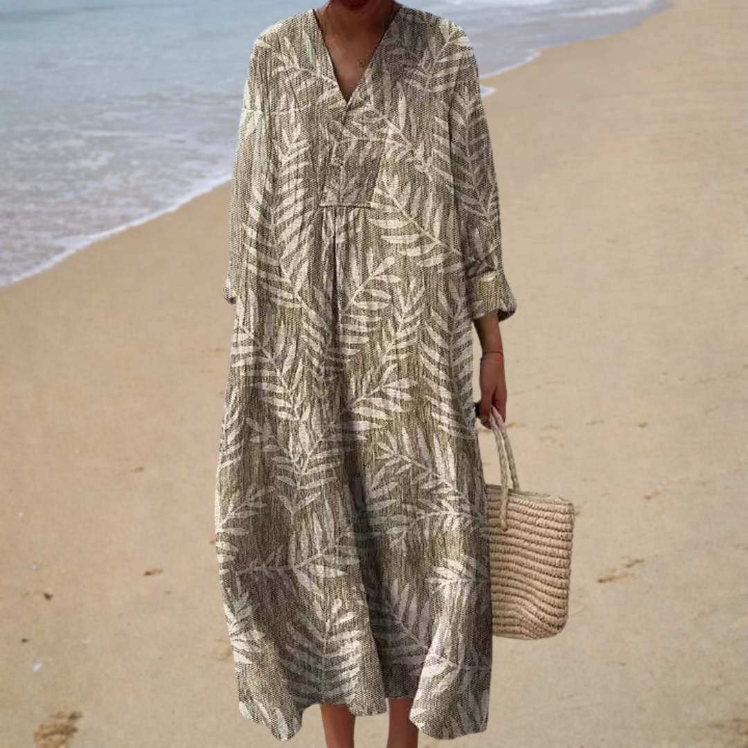 Printed summer dress, V-neck, elbow sleeves, gathered waist, leaf pattern