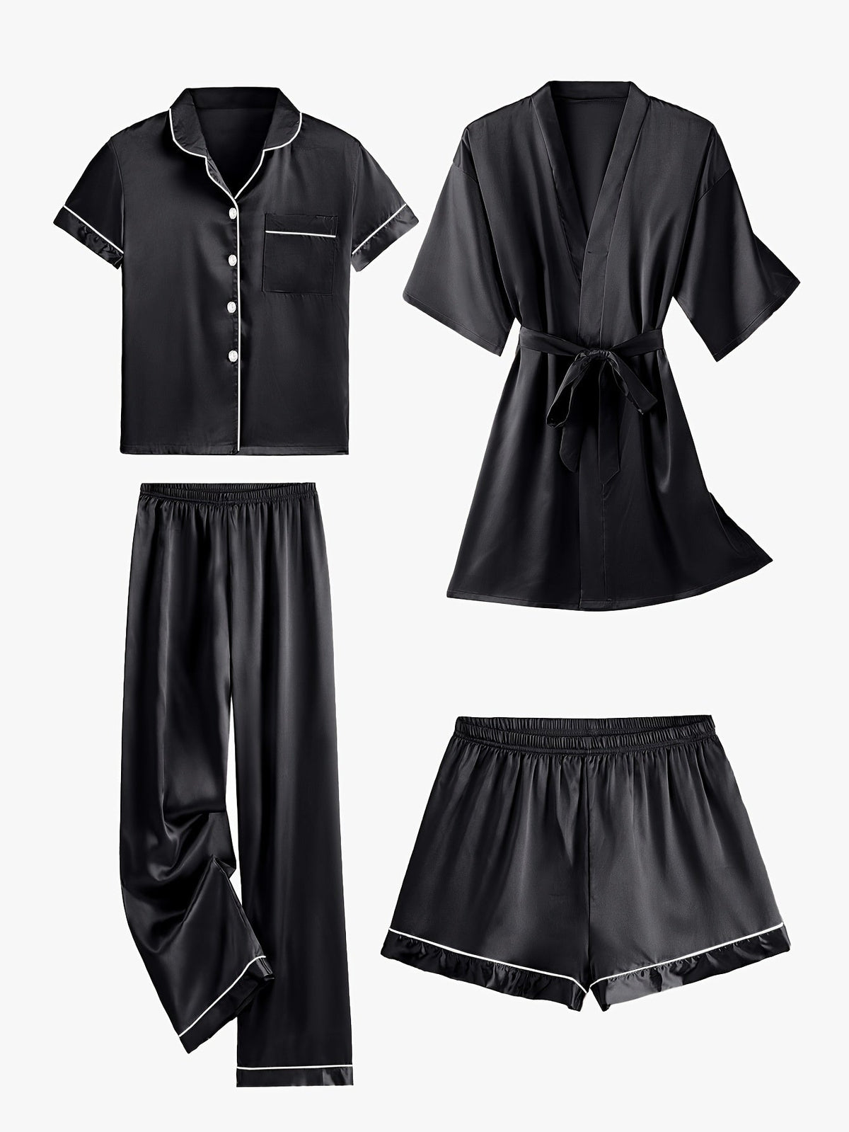Black satin pajama set with mid-sleeve button top, belt-tied robe, and elastic pants