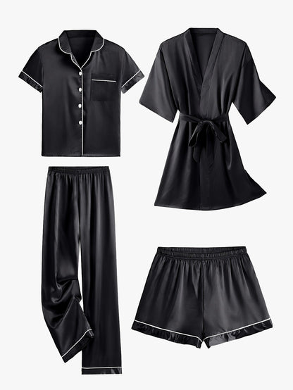 Black satin pajama set with mid-sleeve button top, belt-tied robe, and elastic pants