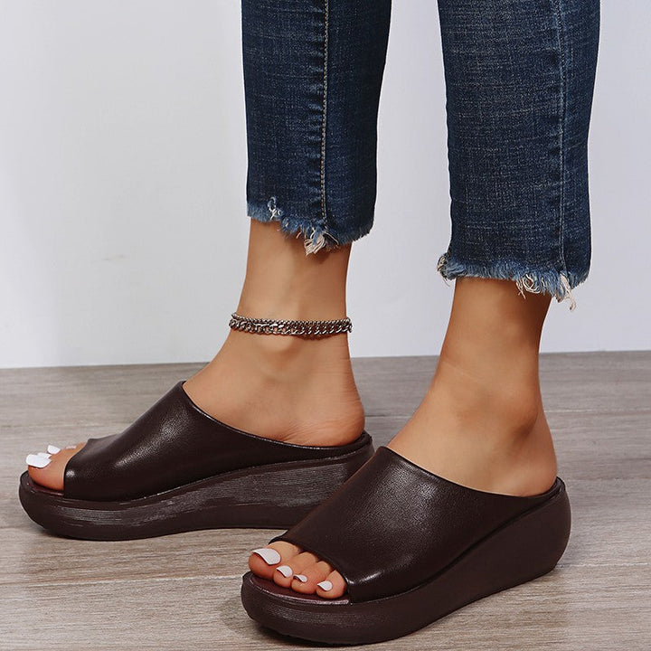 Orthopedic sandals, dark brown open-toe slip-on with thick platform sole