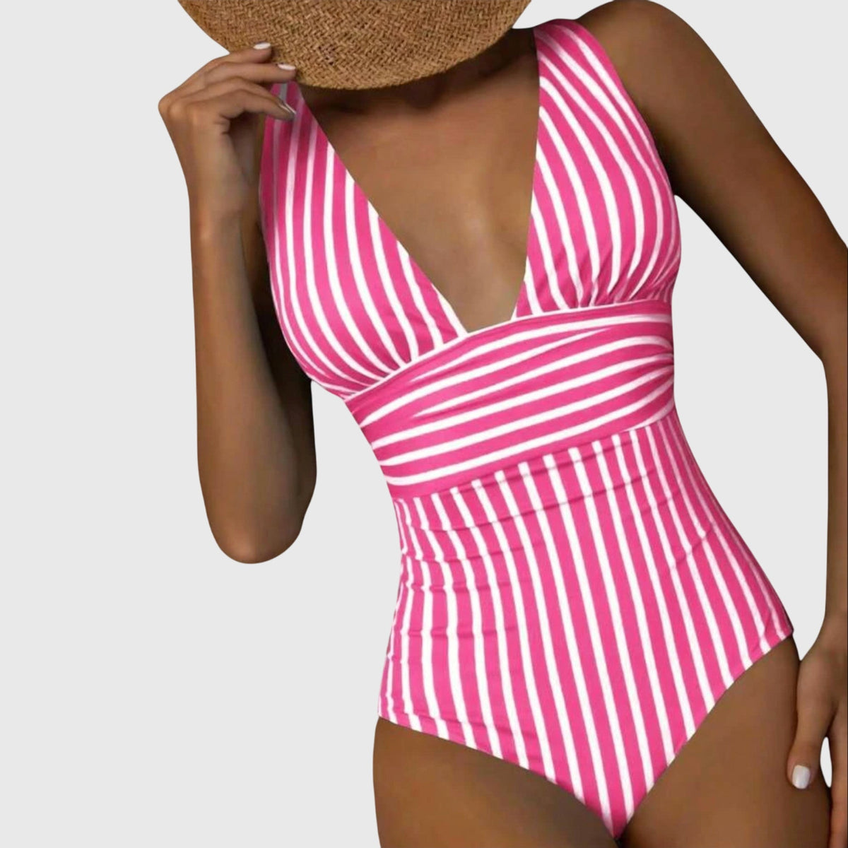 Aurora pink-and-white striped one-piece swimsuit with V-back and halter neckline