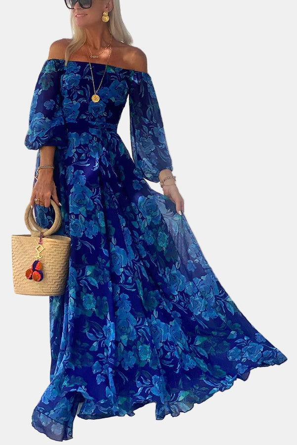 Blue floral off-shoulder maxi dress with puff sleeves and tiered skirt
