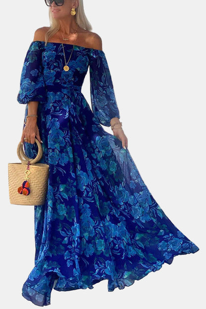 Blue floral off-shoulder maxi dress with puff sleeves and tiered skirt