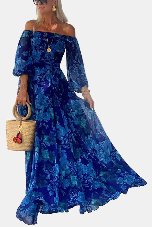 Blue floral off-shoulder maxi dress with puff sleeves and tiered skirt
