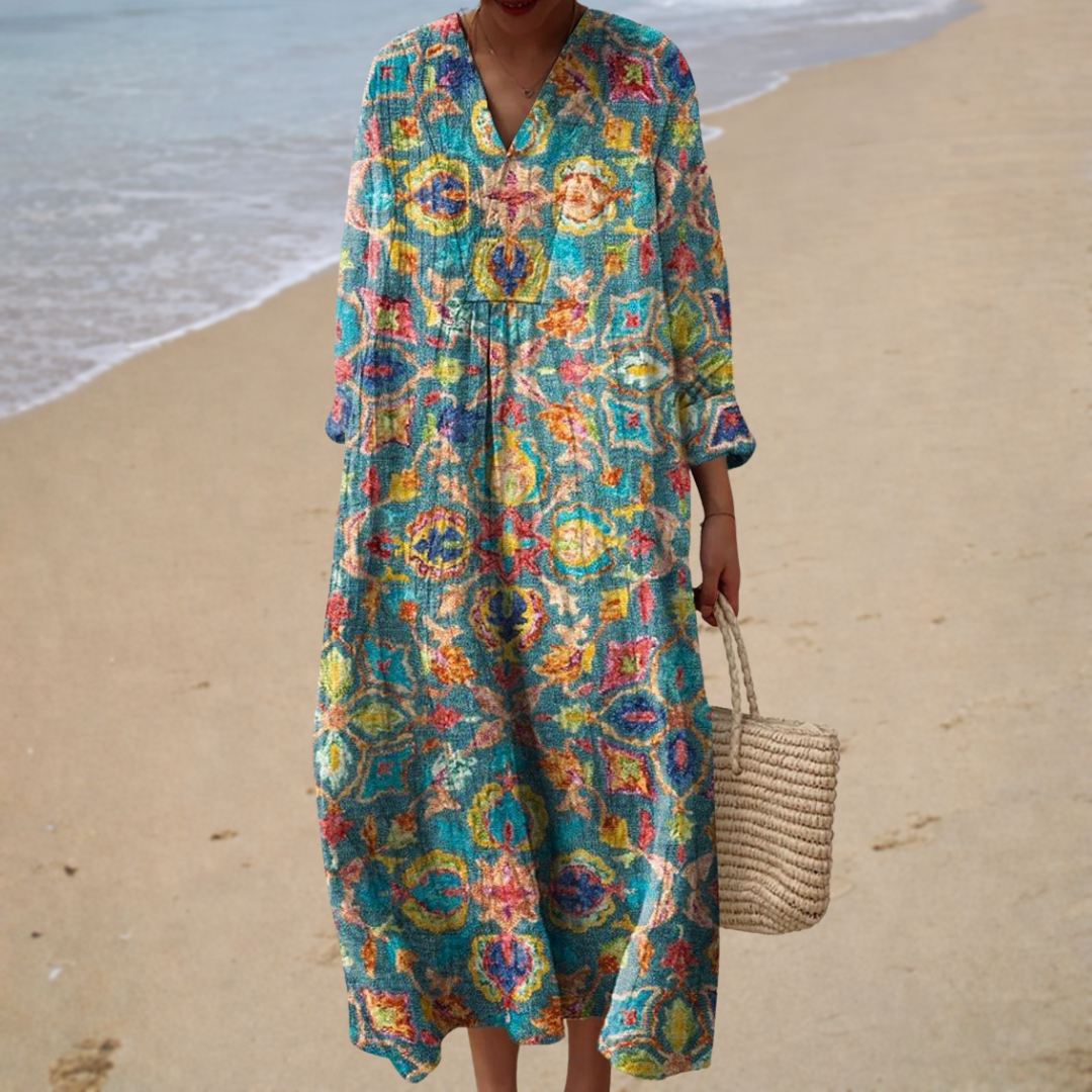 Multicolor printed summer dress, teal V-neck, long loose sleeves
