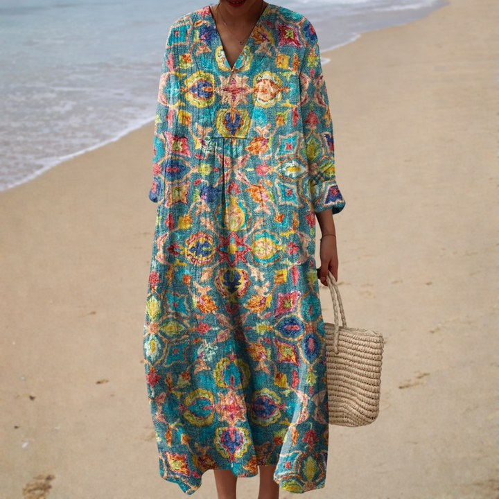 Multicolor printed summer dress, teal V-neck, long loose sleeves