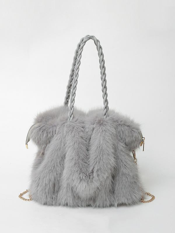 Plush faux-fur shoulder tote with braided rope handles and gold chain strap, grey