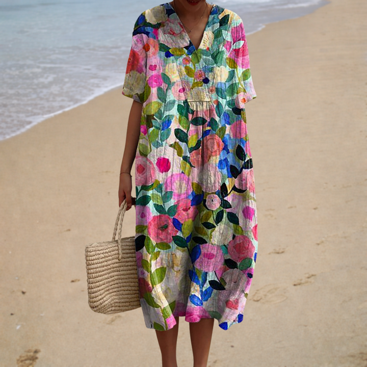 Floral summer dress, V-neck with short sleeves and gathered waist, colorful multicolor print