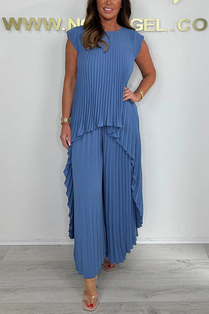 Blue pleated top and wide-leg pants set with sleeveless tiered drape