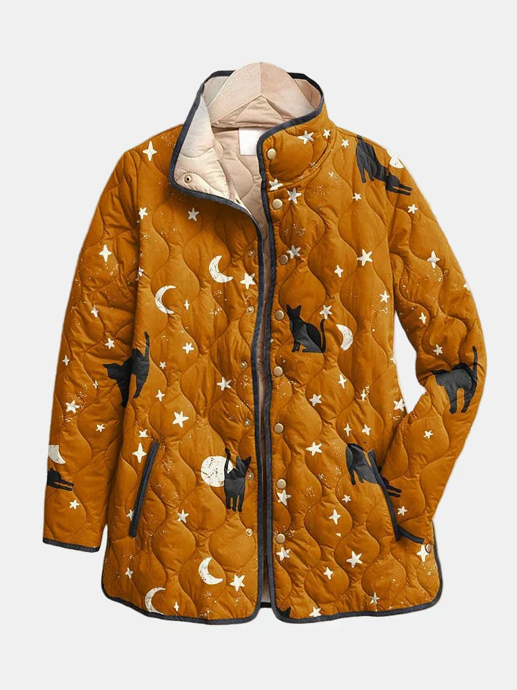 Quilted jacket in amber with black trim and cat, moon, star Halloween print