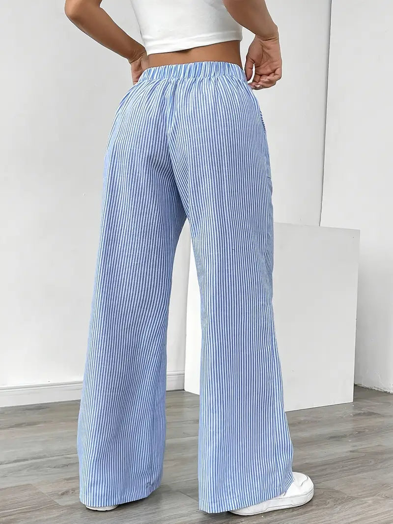 Blue striped wide-leg pants with elastic waistband and side pockets