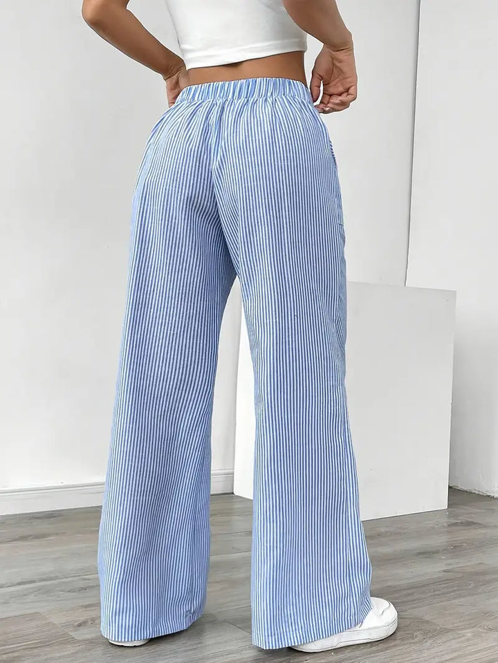 Blue striped wide-leg pants with elastic waistband and side pockets