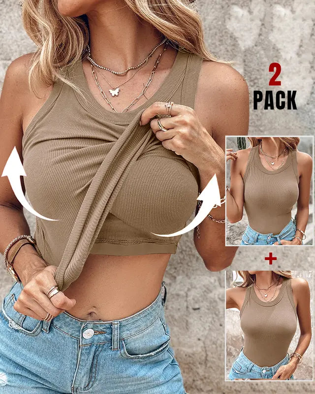 Khaki built-in bra tank top, scoop neck and ribbed sleeveless knit