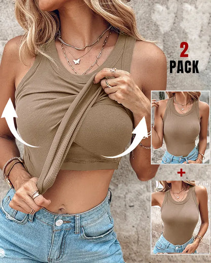 Khaki built-in bra tank top, scoop neck and ribbed sleeveless knit
