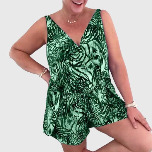 Green animal-print swimsuit dress with V-neck, sleeveless peplum hem