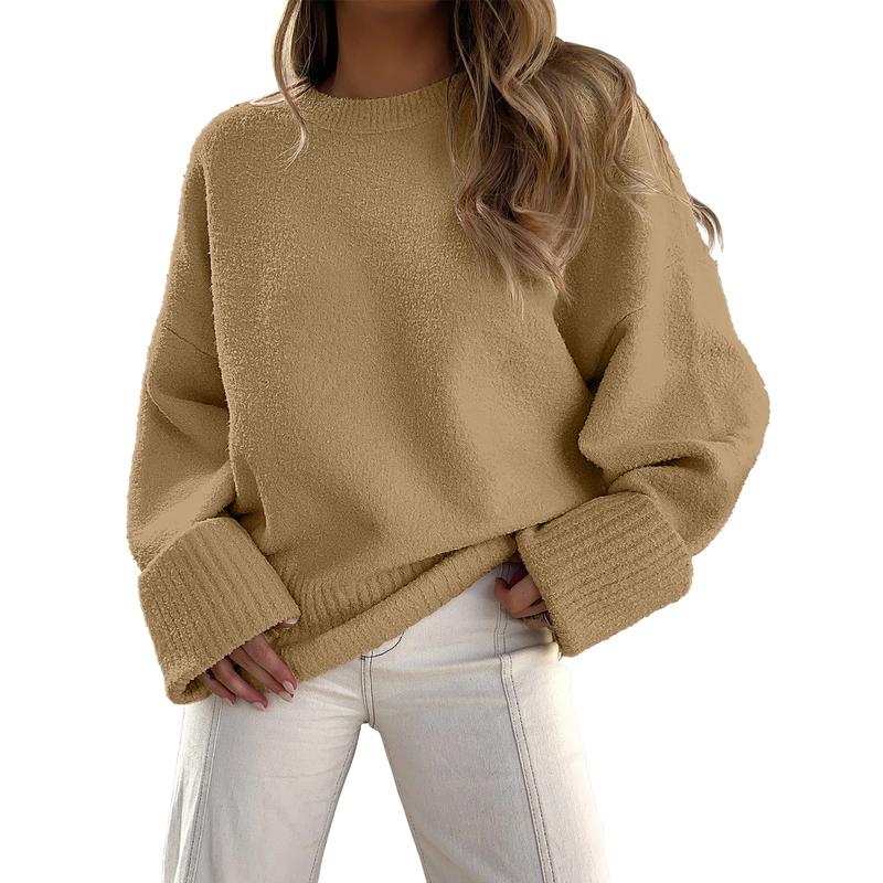 Camel crewneck long-sleeve pullover sweater with ribbed cuffs and hem