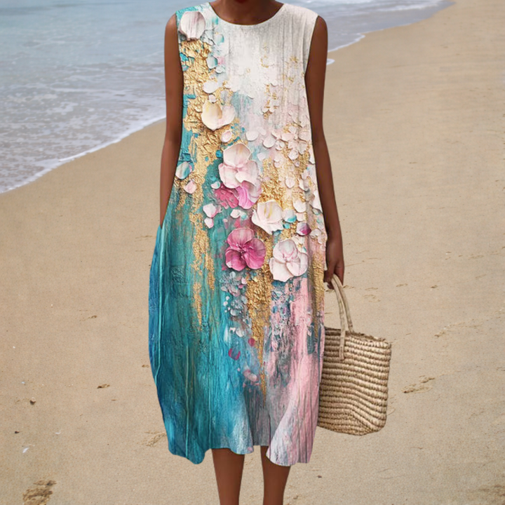 Sleeveless summer dress with multicolor floral print, scoop neckline, relaxed fit