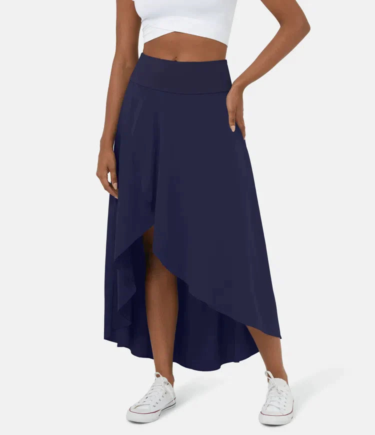 AMELIE asymmetric midi skirt in navy with high waist and layered high-low hem