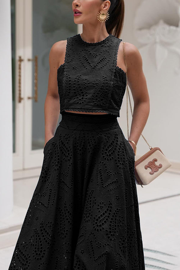 Black embroidered sleeveless crop top and high-waist maxi skirt set with scalloped neckline