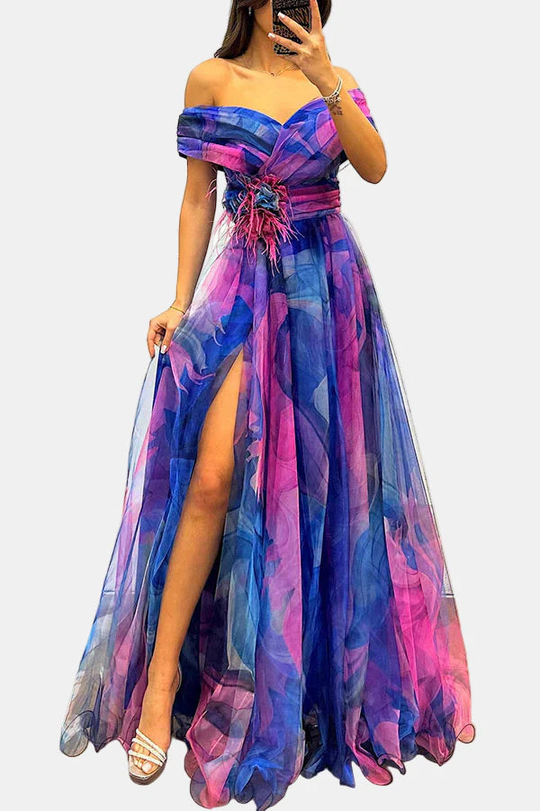 Off-shoulder maxi dress, blue-magenta plaid with feathered waist and side slit