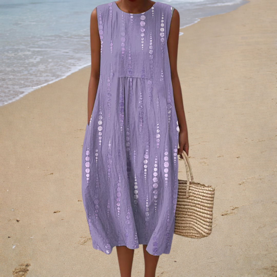 Lavender sleeveless summer dress with round neck and embroidered eyelet pattern